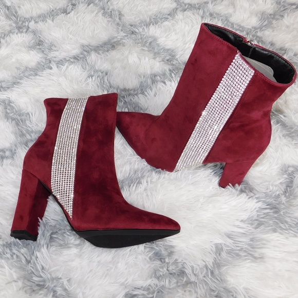 Burgundy Suede Rhinestone Ankle Boot - Picture 3 of 6